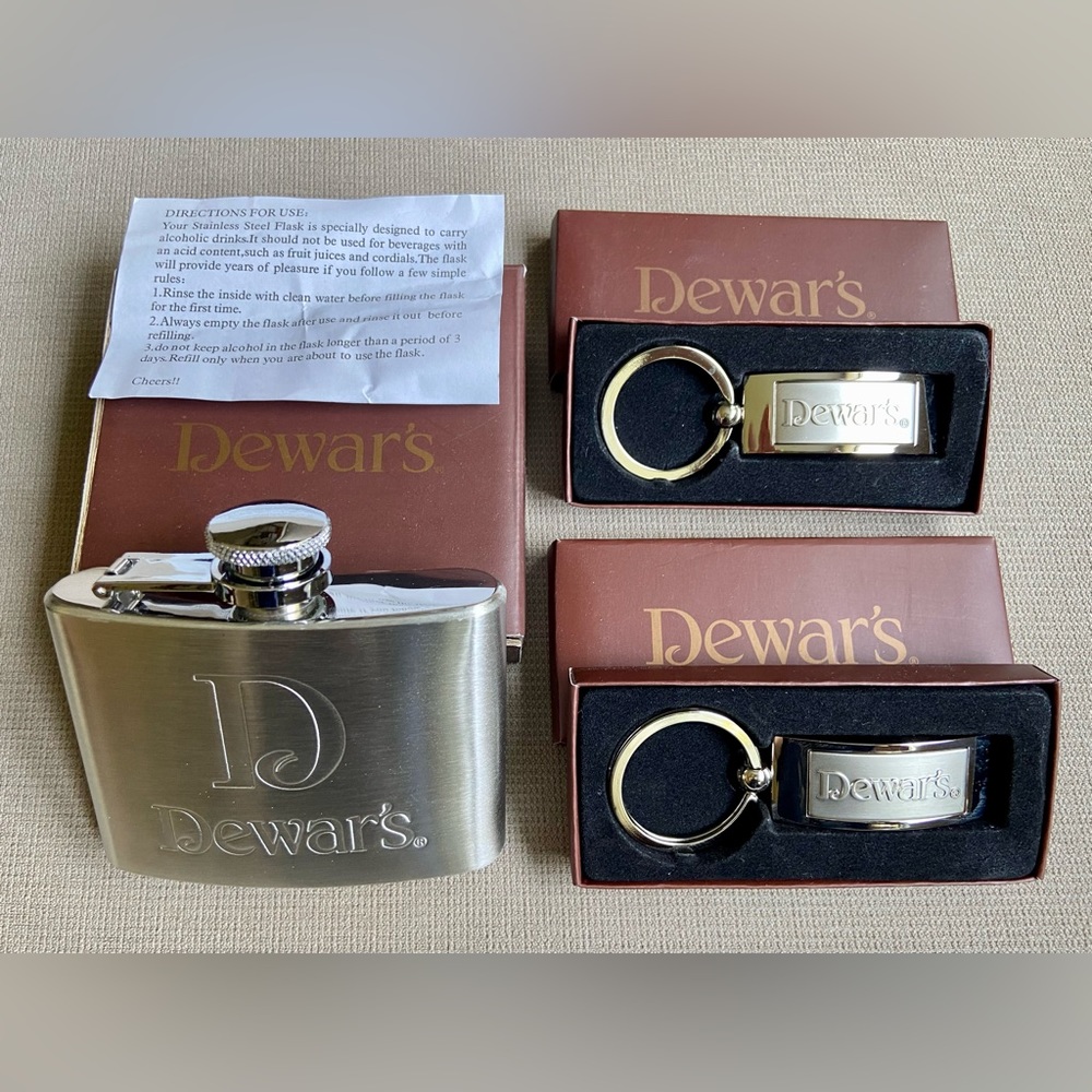 Dewar’s Stainless Steel Flask and Keychains